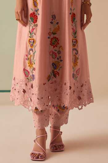Chandrima_Pink Chanderi, Cotton Beads, Cut Work Round Neck Beaded Flared Kurta And Pant Set _at_Aza_Fashions