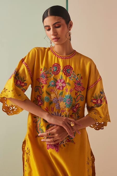 Shop_Chandrima_Yellow Chanderi, Cotton Beads, Cut Work Round Neck Embroidered Kurta And Pant Set _Online_at_Aza_Fashions