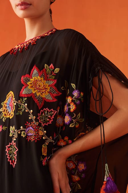 Buy_Chandrima_Black Silk, Georgette Beads, Cut Work Round Neck Embroidered Kurta _Online_at_Aza_Fashions