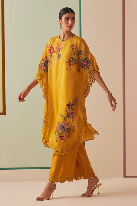 Chandrima_Yellow Silk Organza, Cotton Cut Work, Beads Cutwork Embroidered Kurta And Pant Set _Online_at_Aza_Fashions