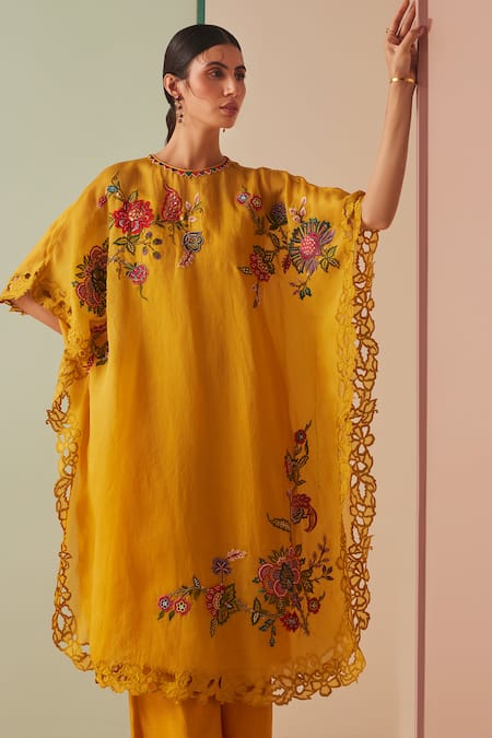 Buy_Chandrima_Yellow Silk Organza, Cotton Cut Work, Beads Cutwork Embroidered Kurta And Pant Set _Online_at_Aza_Fashions