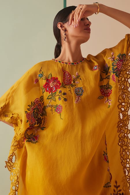Shop_Chandrima_Yellow Silk Organza, Cotton Cut Work, Beads Cutwork Embroidered Kurta And Pant Set _Online_at_Aza_Fashions