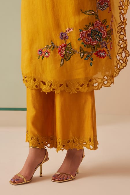 Chandrima_Yellow Silk Organza, Cotton Cut Work, Beads Cutwork Embroidered Kurta And Pant Set _at_Aza_Fashions