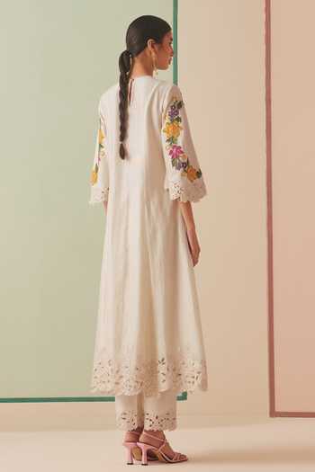 Shop Chandrima Ivory Chanderi, Cotton Cut Work, Beads Applique Embroidered Kurta And Pant Set at Aza Fashions Shop_Chandrima_Ivory Chanderi, Cotton Cut Work, Beads Applique Embroidered Kurta And Pant Set _at_Aza_Fashions