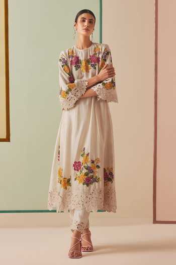 Chandrima Ivory Chanderi, Cotton Cut Work, Beads Applique Embroidered Kurta And Pant Set Online at Aza Fashions Chandrima_Ivory Chanderi, Cotton Cut Work, Beads Applique Embroidered Kurta And Pant Set _Online_at_Aza_Fashions