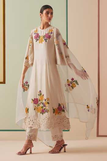 Chandrima Ivory Chanderi, Cotton Cut Work, Beads Applique Embroidered Kurta And Pant Set at Aza Fashions Chandrima_Ivory Chanderi, Cotton Cut Work, Beads Applique Embroidered Kurta And Pant Set _at_Aza_Fashions