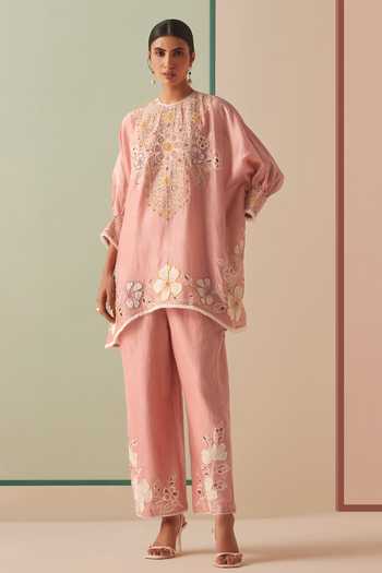 Women Pink Chanderi Sequined Embroidered Kurta with pant & Floral Printed Dupatta