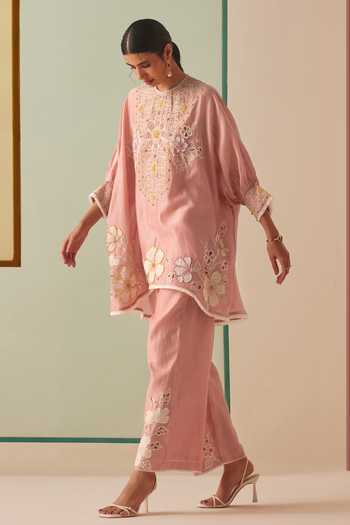 Chandrima_Pink Chanderi, Cotton Embroidery Round Neck Cutwork Applique Kurta And Pant Set _Online_at_Aza_Fashions