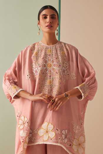 Buy_Chandrima_Pink Chanderi, Cotton Embroidery Round Neck Cutwork Applique Kurta And Pant Set _Online_at_Aza_Fashions