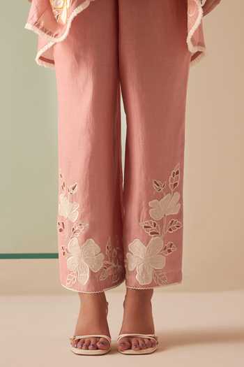 Shop_Chandrima_Pink Chanderi, Cotton Embroidery Round Neck Cutwork Applique Kurta And Pant Set _Online_at_Aza_Fashions