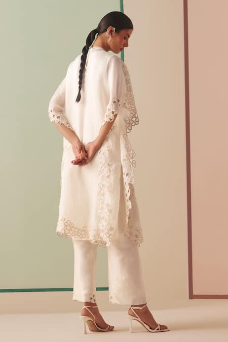 Shop Chandrima Ivory Silk Organza, Cotton Beads, Cut Work Round Neck Embroidered Kurta at Aza Fashions Shop_Chandrima_Ivory Silk Organza, Cotton Beads, Cut Work Round Neck Embroidered Kurta _at_Aza_Fashions