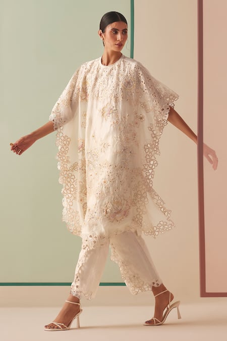 Chandrima Ivory Silk Organza, Cotton Beads, Cut Work Round Neck Embroidered Kurta Online at Aza Fashions Chandrima_Ivory Silk Organza, Cotton Beads, Cut Work Round Neck Embroidered Kurta _Online_at_Aza_Fashions