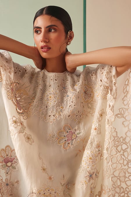Shop Chandrima Ivory Silk Organza, Cotton Beads, Cut Work Round Neck Embroidered Kurta Online at Aza Fashions Shop_Chandrima_Ivory Silk Organza, Cotton Beads, Cut Work Round Neck Embroidered Kurta _Online_at_Aza_Fashions