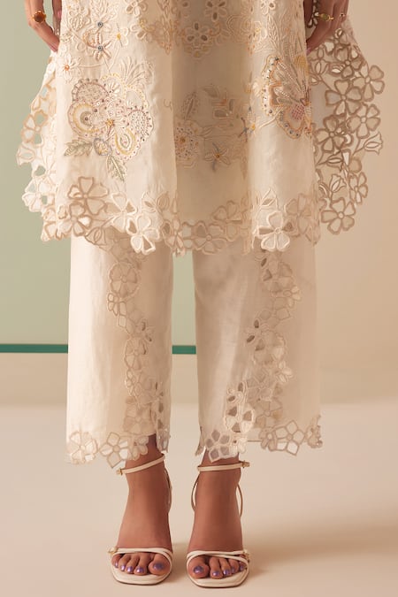 Chandrima Ivory Silk Organza, Cotton Beads, Cut Work Round Neck Embroidered Kurta at Aza Fashions Chandrima_Ivory Silk Organza, Cotton Beads, Cut Work Round Neck Embroidered Kurta _at_Aza_Fashions