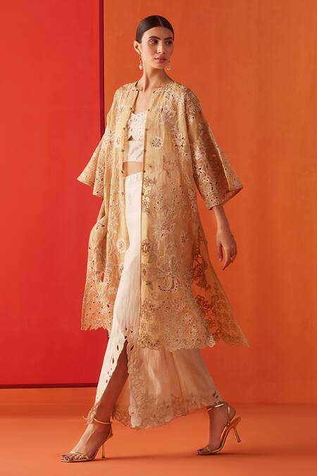 Chandrima_Beige Silk Organza Embroidery Round Neck Cutwork Applique Jacket _Online_at_Aza_Fashions