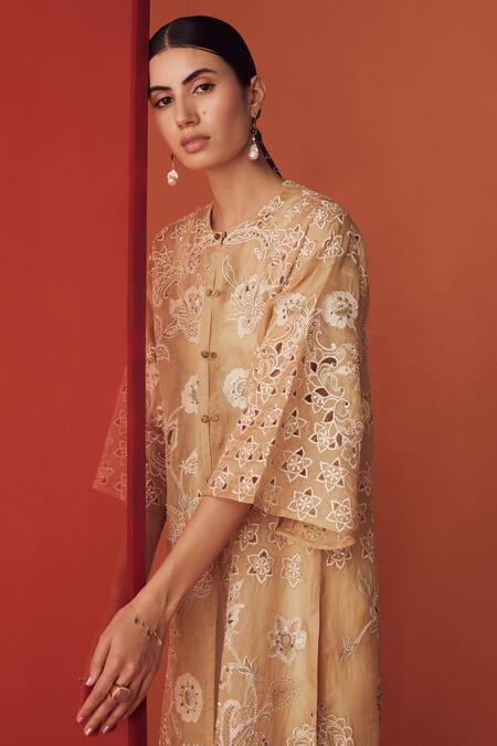 Shop_Chandrima_Beige Silk Organza Embroidery Round Neck Cutwork Applique Jacket _Online_at_Aza_Fashions