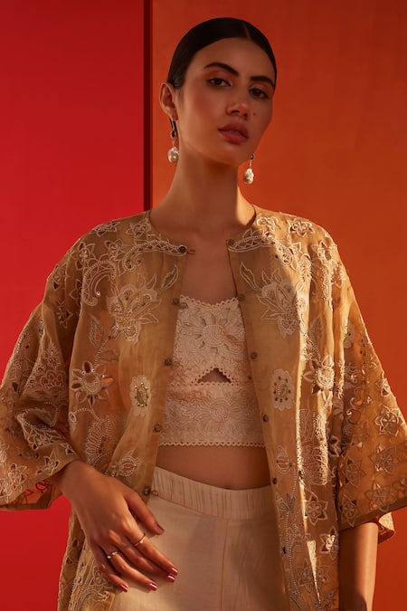 Chandrima_Beige Silk Organza Embroidery Round Neck Cutwork Applique Jacket _at_Aza_Fashions
