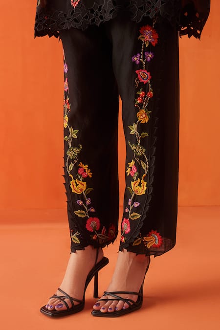 Chandrima_Black Chanderi Embroidery Flower Tulip Pant _Online_at_Aza_Fashions