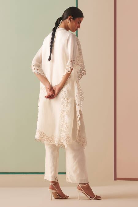 Shop_Chandrima_Ivory Chanderi Embroidery Flower Cut Work Tulip Pant _at_Aza_Fashions