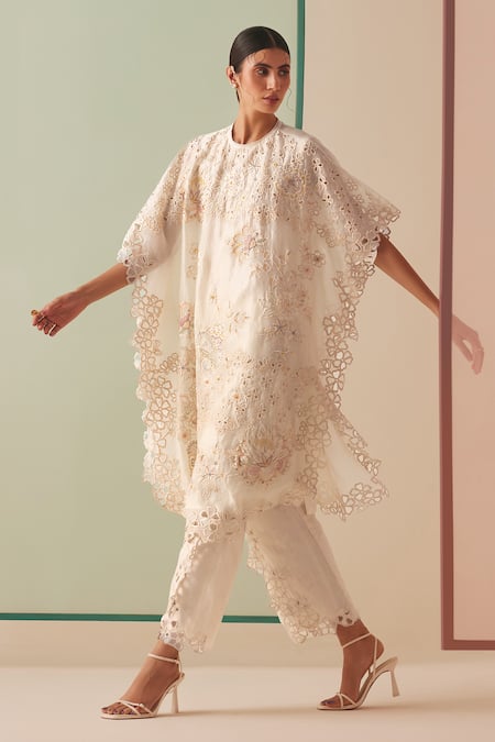 Chandrima_Ivory Chanderi Embroidery Flower Cut Work Tulip Pant _Online_at_Aza_Fashions