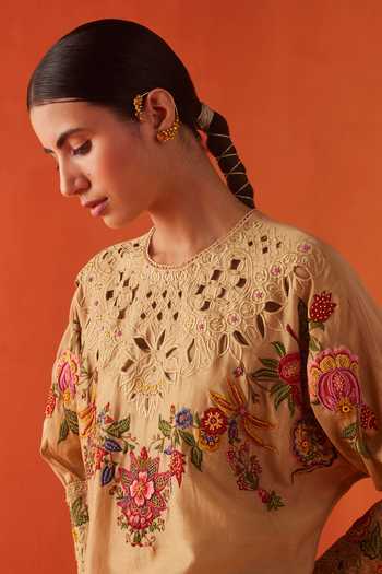 Buy_Chandrima_Beige Chanderi Embroidery, Beads, Cut Work Floral Cut-work Kurta With Pant _Online_at_Aza_Fashions