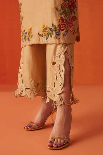 Shop_Chandrima_Beige Chanderi Embroidery, Beads, Cut Work Floral Cut-work Kurta With Pant _Online_at_Aza_Fashions