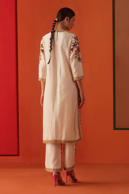 Shop Chandrima Ivory Chanderi Embroidery, Beads Round Neck Floral Bloom Kurta With Pant at Aza Fashions Shop_Chandrima_Ivory Chanderi Embroidery, Beads Round Neck Floral Bloom Kurta With Pant _at_Aza_Fashions