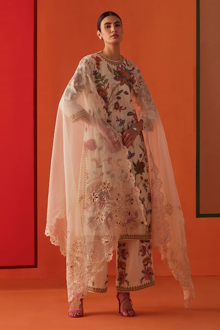 Chandrima Ivory Chanderi Embroidery, Beads Round Neck Floral Bloom Kurta With Pant Online at Aza Fashions Chandrima_Ivory Chanderi Embroidery, Beads Round Neck Floral Bloom Kurta With Pant _Online_at_Aza_Fashions