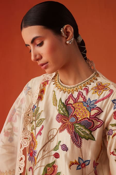 Buy Chandrima Ivory Chanderi Embroidery, Beads Round Neck Floral Bloom Kurta With Pant Online at Aza Fashions Buy_Chandrima_Ivory Chanderi Embroidery, Beads Round Neck Floral Bloom Kurta With Pant _Online_at_Aza_Fashions