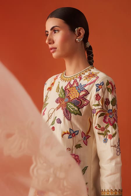 Shop Chandrima Ivory Chanderi Embroidery, Beads Round Neck Floral Bloom Kurta With Pant Online at Aza Fashions Shop_Chandrima_Ivory Chanderi Embroidery, Beads Round Neck Floral Bloom Kurta With Pant _Online_at_Aza_Fashions