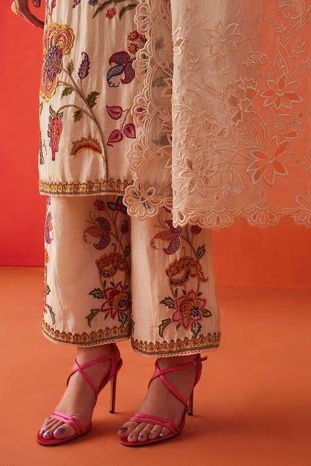 Chandrima Ivory Chanderi Embroidery, Beads Round Neck Floral Bloom Kurta With Pant at Aza Fashions Chandrima_Ivory Chanderi Embroidery, Beads Round Neck Floral Bloom Kurta With Pant _at_Aza_Fashions