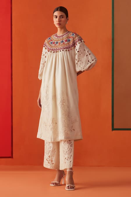 Chandrima Chanderi Flower Embroidered Yoke Kurta With Pant 