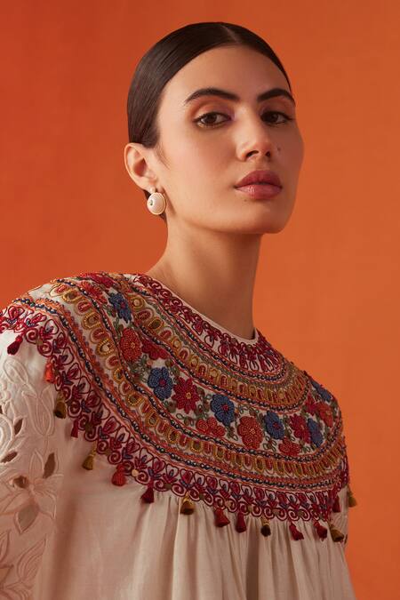 Chandrima_Ivory Chanderi Embroidery, Beads Round Neck Flower Yoke Kurta With Pant _Online_at_Aza_Fashions