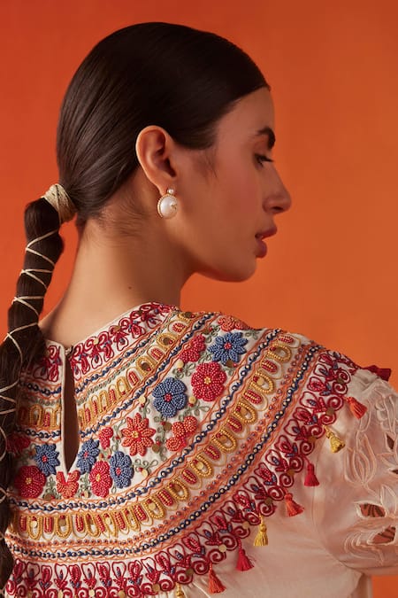 Shop_Chandrima_Ivory Chanderi Embroidery, Beads Round Neck Flower Yoke Kurta With Pant _Online_at_Aza_Fashions