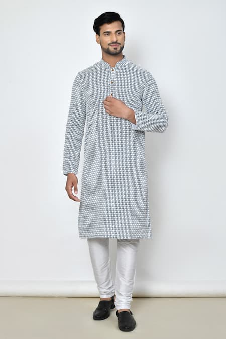 Arihant Rai Sinha Grey Dupion Silk Embroidered Thread Work Kurta And Churidar Set