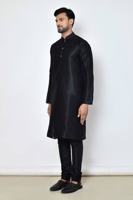 Arihant Rai Sinha_Black Dupion Raw Silk Plain Full Sleeve Kurta With Churidar _at_Aza_Fashions