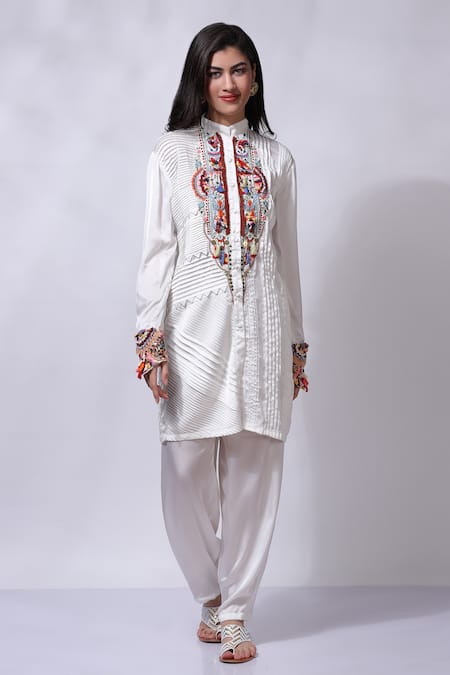 Shop_Sonali Gupta_White Silk Embroidered Floral Pintucked Tunic And Pant Set  _Online_at_Aza_Fashions