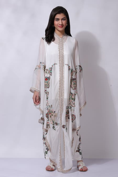 Sonali Gupta_White 50% Silk Embroidered Floral Asymmetric Cape Pant Set  _Online_at_Aza_Fashions