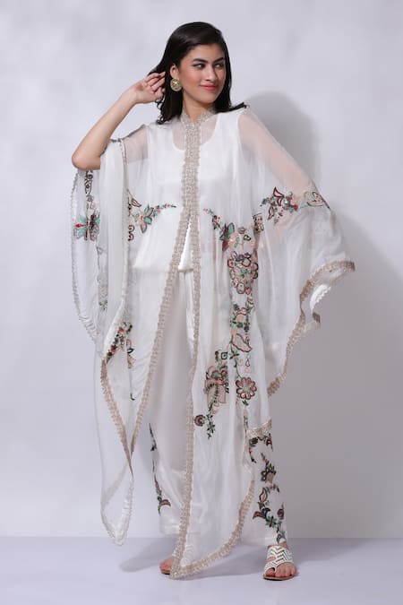 Shop_Sonali Gupta_White 50% Silk Embroidered Floral Asymmetric Cape Pant Set  _Online_at_Aza_Fashions