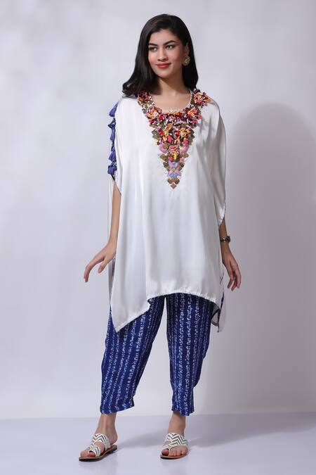 Shop_Sonali Gupta_Blue Silk Embroidered Floral Round Poncho And Pant Set  _Online_at_Aza_Fashions