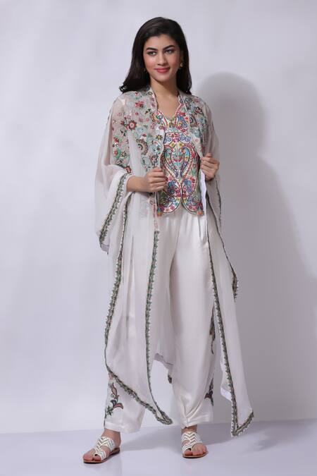 Sonali Gupta_White Silk Asymmetric Embroidered Cape Pant Set _Online_at_Aza_Fashions