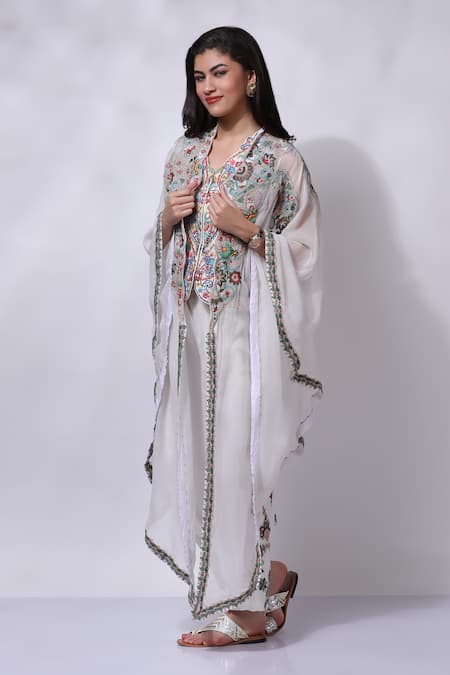 Buy_Sonali Gupta_White Silk Asymmetric Embroidered Cape Pant Set _Online_at_Aza_Fashions