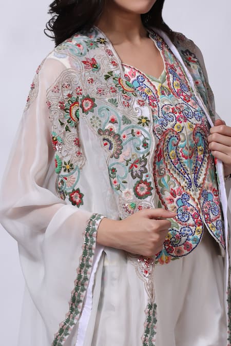 Shop_Sonali Gupta_White Silk Asymmetric Embroidered Cape Pant Set _Online_at_Aza_Fashions