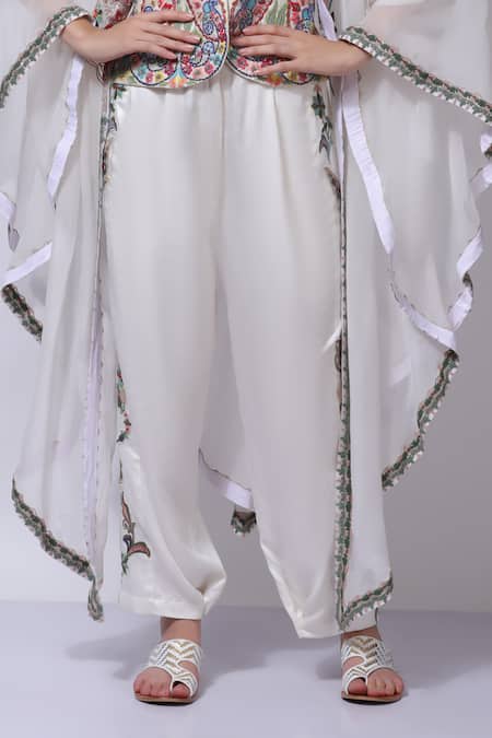 Sonali Gupta_White Silk Asymmetric Embroidered Cape Pant Set _at_Aza_Fashions