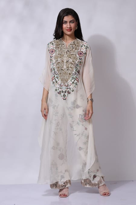 Sonali Gupta_Ivory Silk Hand Embroidered Kaftan With Pant _Online_at_Aza_Fashions