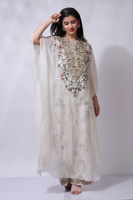 Buy_Sonali Gupta_Ivory Silk Hand Embroidered Kaftan With Pant _Online_at_Aza_Fashions