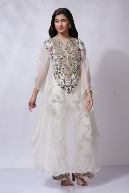 Shop_Sonali Gupta_Ivory Silk Hand Embroidered Kaftan With Pant _Online_at_Aza_Fashions