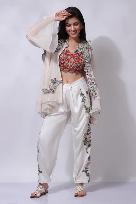 Sonali Gupta Ivory Silk Floral Embroidered Jacket Pant Set 