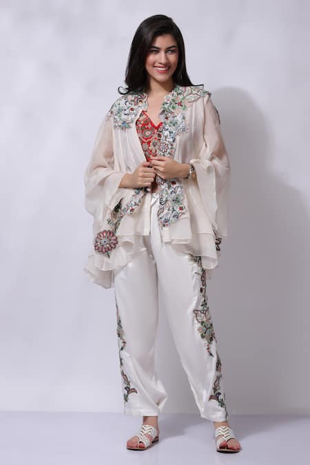Buy_Sonali Gupta_Ivory Silk Floral Embroidered Jacket Pant Set _Online_at_Aza_Fashions