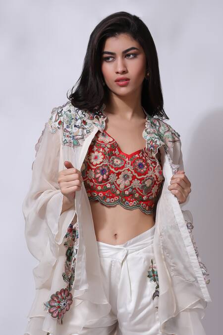 Sonali Gupta_Ivory Silk Floral Embroidered Jacket Pant Set _at_Aza_Fashions